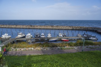 Motorboats in the harbor, view from above, Hankenufer, Lohme, Jasmund, Rügen, island, Baltic Sea,