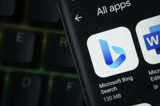 Dhaka, Bangladesh- 27 July 2025: Close-up of smartphone screen showing the Microsoft Bing app icon