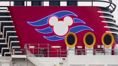 Close-up view of the chimney of the Disney Magic ship, Bremerhaven, Bremen, Germany