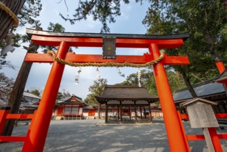 Entrance to the shrine with red torii gate, Kagura-den Hall, Yoshida Shrine, Shinto Shrine, Kyoto,