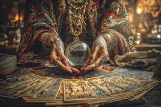 Surreal Woman Fortune Teller with crystal ball and tarot cards symbolizing future, prediction, AI
