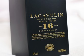 Germany - February 1st 2026: Close up of black cardboard packaging of Lagavulin Islay single malt