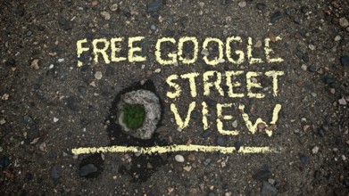 Concrete bridge with hole in asphalt with yellow text 'Free Google Street View, 'funny, Tbilisi,