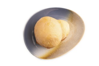 Smoked Mozzarella cheese, with tomatoes and olives isolated on white background, top view, flat