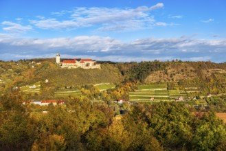 View of Neuenburg Castle and the Ducal Vineyard in autumn, Freyburg, Burgenlandkreis,