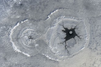 Steam holes, steam hole, lake, frozen, ice, hoarfrost, cold, winter, sunny, aerial view, foothills