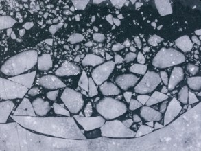 Ice sheets, ice floes, lake, frozen, ice, hoarfrost, cold, winter, sunny, aerial view, foothills of