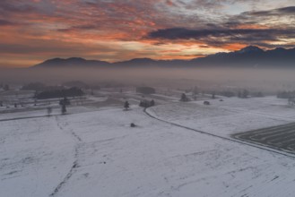Morning atmosphere, dawn, clouds, sunrise, snow, cold, winter, aerial view, Loisach-Lake