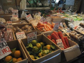 Market stand with a selection of fresh vegetables and fruits in bright colors, Tsukiji Outer