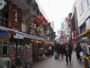 Bustling shopping street with shops and people decorated with red lanterns and signs, Ameyoko
