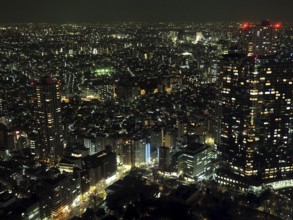 Nighttime cityscape with a variety of illuminated buildings and streets, Tokyo, Japan