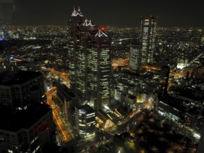 Night scene of an impressive cityscape with illuminated skyscrapers and bustling streets, Tokyo,