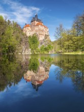 Kriebstein Castle near Mittweida, reflection in the Zschopau River, Kriebstein, Saxony, Germany
