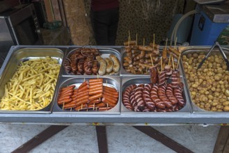 Typical Ukrainian sausage specialties at fast food, Lviv, Ukraine