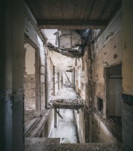 Long corridors and collapsed ceilings in a former sanatorium, Lost Place, Saxony-Anhalt, Germany