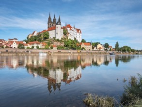 castle hill with cathedral and Albrechtsburg is reflected in the river Elbe, Meissen, Saxony,