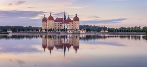 Panorama, Moritzburg Castle, Augusts the Strong hunting lodge at dawn, water reflection in the