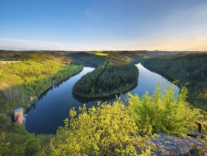 View of the Saale loop in the evening light, Hohenwarte Reservoir, Thuringian Highlands nature park