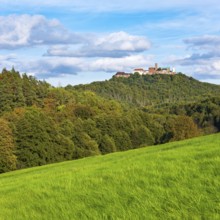 View across a green meadow to Wartburg Castle in the Thuringian Forest, Eisenach, Thuringia,
