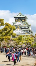 Osaka castle among trees in the park, visitors in Osaka Castle Park, Chuo-ku, Osaka, Japan