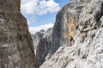 Hikers on the Sentiero Brentari via ferrata in front of cliffs, Brenta Mountains, Brenta-Adamello