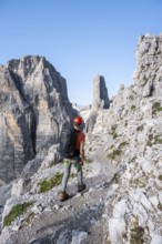 Climbers on a rock band, Bocchette Centrale band trail, via ferrata in the Brenta Mountains,