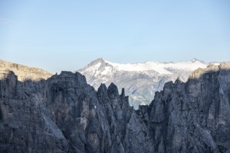 Adamello mountain peak with glacier, in front Brenta Mountains, Brenta-Adamello Natural Park,