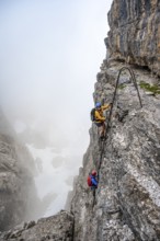 Mountaineers on a ladder on the Via Ferrata Oliva Detassis via ferrata in fog, rocky mountain peaks
