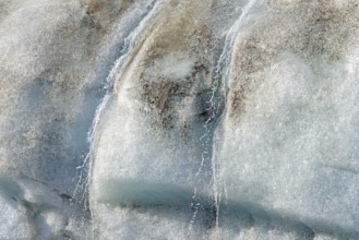 Water dripping from melting ice wall of Idabreen, Ida glacier calving into Liefdefjorden at