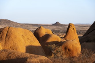 Panoramic view of the rocky landscape and the distant desert of Spitzkoppe, Spitzkoppe, Namibia