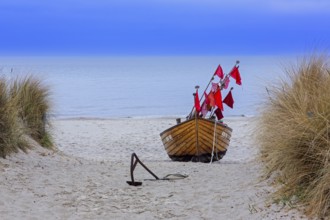 Traditional wooden fishing boat on the beach along the Baltic Sea at Stubbenfelde, Loddin on the