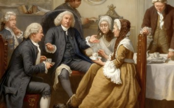 A tea party at the British lexicographer and writer Dr Samuel Johnson, 1709-1784, London, England,