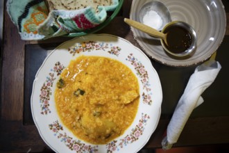 Traditional dish, rice soup with chicken and tortillas, Coban, Alta Verapaz Department, Guatemala