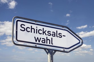 (Photomontage) Directional arrow with the inscription CHOICE of FATE against a blue sky