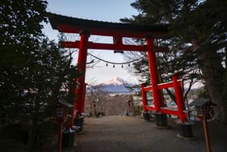 View through red torii of Mount Fuji volcano at sunrise, Arakura Fuji Sengen Shrine, Arakurayama