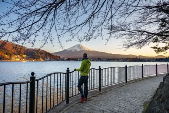 Tourist on Kawaguchi Lake waterfront, view of Mount Fuji volcano at sunset, Yamanashi Prefecture,
