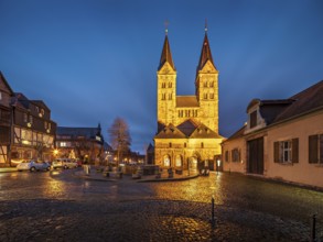 The cathedral in the historic old town in the evening, cathedral square with cobblestones,