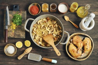 Chopped mushrooms and onion frying in a pan. Process of preparation of creamy mustard sauce for