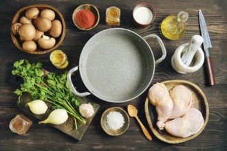 Top view of food ingredients for cooking including chicken thighs, vegetables, spices and empty pot