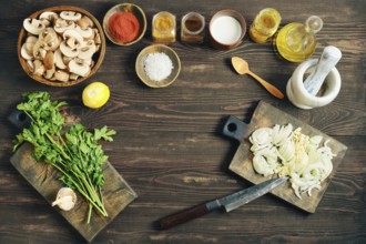 Flat lay of chopped culinary ingredient ready for cooking. High angle view of vegetables, spice,