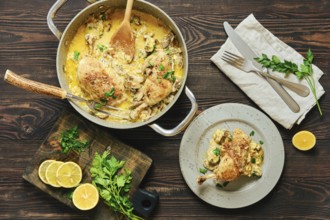 Top view of home-cooked creamy chicken legs in mushroom sauce served with parsley and lemon on