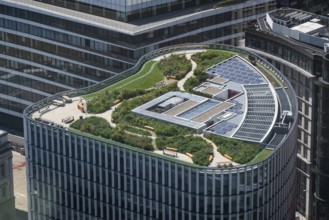 Modern building with green roof and solar panels seen from Sky Gardens, Upper Thames Street and