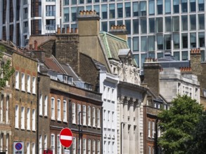 Street scene in London with contrasting modern and classical architecture, City of Westminster,