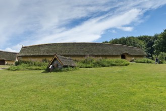 Longhouse, reconstructed courtyard with nine houses built by a large farmer from the Viking Age,