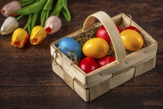Colorful Easter eggs in a basket next to colorful tulips on a wooden background