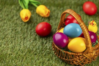 Colourful easter eggs in a basket in a meadow surrounded by flowers