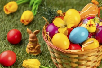 Colourful Easter eggs in a basket with a rabbit figure and flowers on grass