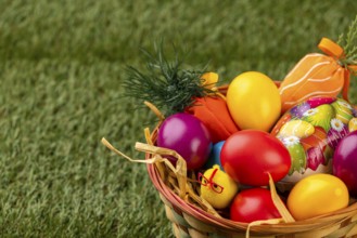 A basket of colorful Easter eggs in a meadow