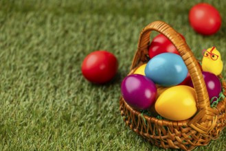 A basket full of colorful Easter eggs on a grassy area
