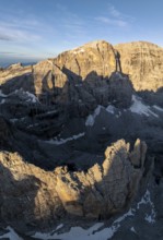 Impressive mountain peaks of the Brenta Mountains, sunrise, 360 degree alpine panorama, aerial